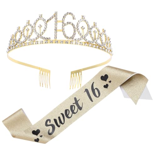 BESTOYARD 1 Set Ideen Zum 16 Geburtstag Schärpe Und Tiara Sweet Sixteen Dekorationen Für Mädchen Tortenaufsätze Dekorationen Zum 16 Geburtstag Kuchendekoration Tiara Stoff Golden von BESTOYARD