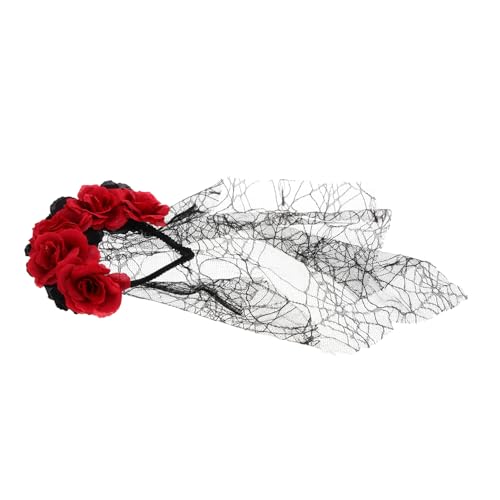 BESTYASH Rosenschleier floraler Kronenschleier Kopfbedeckung mit Rosenblütenkrone Halloween Cosplay Haarschmuck Schwarzer Schleier Kopfschmuck frauen kopfschmuck Halloween-Blumen-Stirnband von BESTYASH