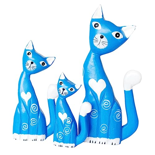 BESTonZON 1 Satz Gemalte Kätzchen-Ornamente stickig Figur Plüsch Katzenspielzeug für wandtattoo für kinderzimmer kinderzimmerdeko Toy Desktop-Holzdekor Statuen der Katzenfamilie Blue von BESTonZON