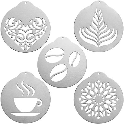 BESTonZON Kaffee Schablonen Edelstahl Latte Art Schablonen Cappuccino Schablonen Vorlagen für Kaffee Dekorieren Cookie Vereisung Kuchen Cupcake 5 Stück von BESTonZON