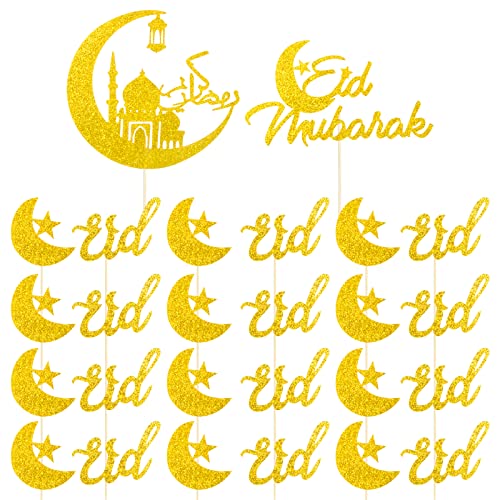 28 Pcs Eid Mubarak Tortendeko Set Glitzer Gold 2 Stk Große Cake Topper und 26 Stk kleine Cupcake Toppers mit 2 Stil Ramadan Kuchendekoration Eid Mubarak Tortenaufsatz von BETESSIN