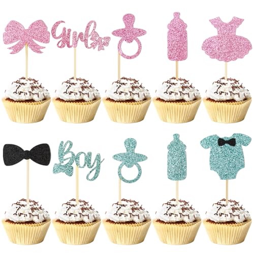 30 Stück Boy or Girl Cake Toppers Blau Rosa Jungen oder Mädchen Tortendeko mit 10 Mustern Geschlecht Offenbaren Kuchendekoration für Babyparty Gender Reveal Party Baby Shower Kindergeburtstag usw. von BETESSIN