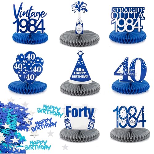 40. Geburtstag Tischdeko Set Vintage Blau Silber 8 Stk Bienenwaben Deko Tischaufsätze mit 15g Happy Birthday Konfetti Tisch Ornamente für 40. Geburtstag 40. jährige Jubiläum 40 Jahrestag usw. von BETESSIN