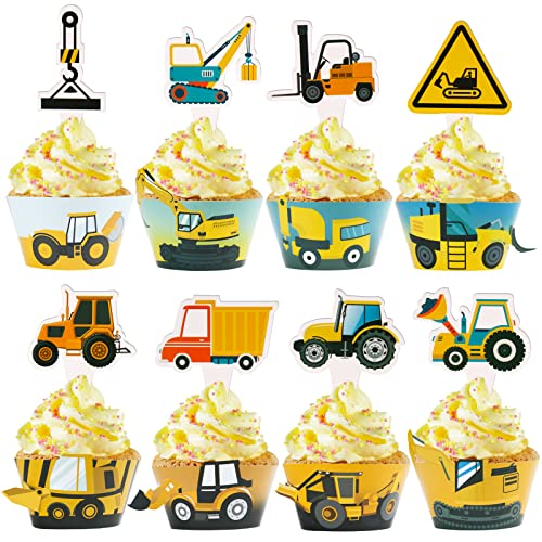 48 Stück Bagger Tortendeko Baustelle Cake Topper und Bagger Cupcake Wrapper Papier Bau Thema Kuchendekoraion für Baustelle Party Bagger Geburtstag Baufahrzeug Deko Kindergeburtstag Junge usw. von BETESSIN