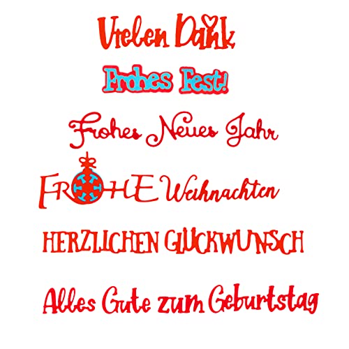 6 Stück Stanzschablonen Schriften Set Metall Prägeschablone Stanzformen Schablonen für Weihnachten Neues Jahr Fest Geburtstag Dank Herzlichen Glückwunsch Handwerk DIY Dekoration usw. von BETESSIN