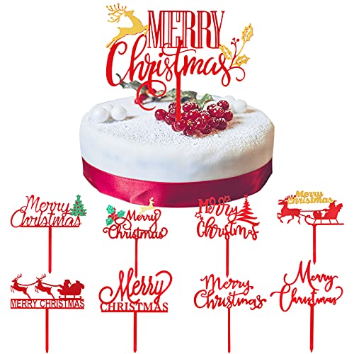 9 Stück Weihnachten Tortendeko Set Acryl Rot Merry Christmas Cake Toppers mit Verschiedenem Muster Tortenaufsätze Weihnachten Kuchen Topper Tortenstecker Weihnachts Kuchendeko für Xmas Party usw. von BETESSIN