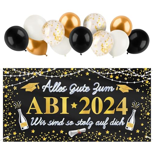 90x180cm Banner ABI 2024 Schwarz Gold Deko Banner Polyester und 12 Pcs Luftballons (12 Zoll) Graduation Deko für Abi Abschlussfeiern Abitur Abschlussparty Hintergrund Prüfung Bestanden Geschenke usw. von BETESSIN