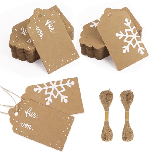 BETESSIN 100 Stück Geschenkanhänger Weihnachten - Kraftpapier Geschenkanhänger 7x4cm mit Jute-Schnur - Weihnachtsanhänger Etiketten zum Beschriften - Anhängeschilder für Weihnachten Geschenke von BETESSIN