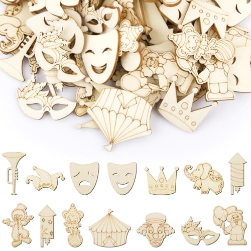 BETESSIN 100pcs Holz Streudeko Karneval Tischdeko Zirkus Holzscheibe zum Basteln Holz Deko Klein zum Bemalen Clown Konfetti DIY Basteln Geschenk von BETESSIN