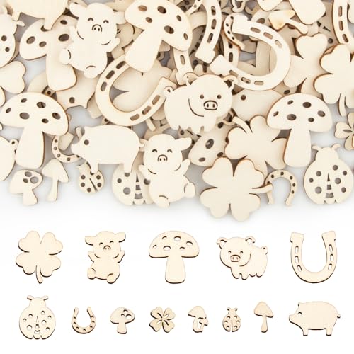 BETESSIN 100pcs Mini Holz Anhänger Streudeko Glücksschweine Holzscheibe Glücksbringer Kleeblatt Streuteile Tischdeko Glückspilz Schweinchen Marienkäfer Holzdeko Konfetti zum Basteln von BETESSIN