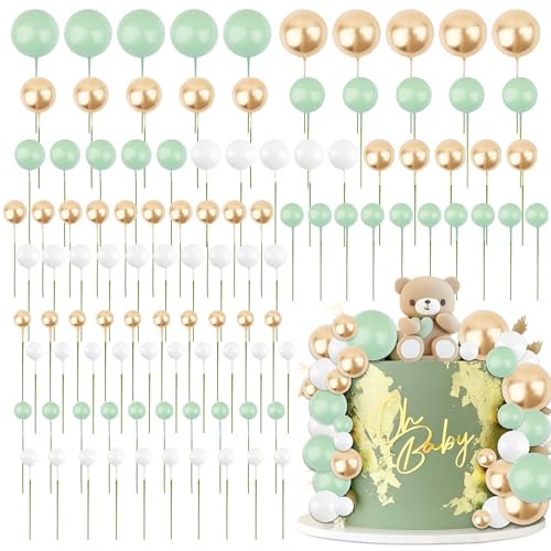 BETESSIN 105pcs Tortendeko Kugeln Happy Birthday Kuchendeko Schaumkugel Dschungel Deko Torte Grün Gold Weiß Torten Cupcake Topper Geburtstag Babyparty Hochzeit Kuchenstecker Kuchenaufsatz 1,5cm-4cm von BETESSIN