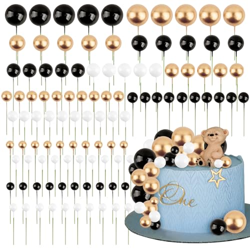 BETESSIN 105pcs Tortendeko Kugeln Happy Birthday Kuchendeko Schwarz Schaumkugel Deko Torten Cupcake Topper Geburtstag Babyparty Hochzeit Kuchen Dekoration Kuchenaufsatz Gold Weiß 1,5cm-4cm von BETESSIN