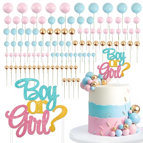 BETESSIN 106pcs Tortendeko Kugeln Boy or Girl Kuchendeko Babyparty Gender Reveal Party Deko Rosa Blau Gold Schaumkugel Torten Topper Junge Oder Mädchen Kuchenstecker Kuchenaufsatz 1,5cm-4cm von BETESSIN