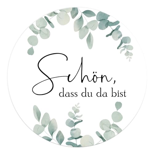 BETESSIN 120 Stück Gastgeschenke Hochzeit Aufkleber 4cm - Schön dass du da bist - Selbstklebende Etiketten im Eukalyptus Design - Hochzeit Sticker für Karten, Papiertüten und Geschenkverpackungen von BETESSIN