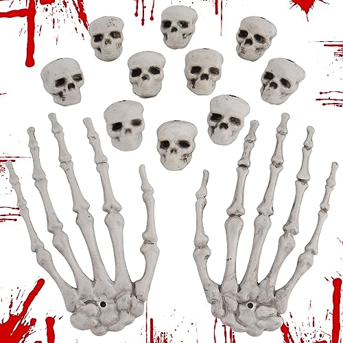 BETESSIN 12Pcs Halloween Deko Miniatur 10 Totenkopf Mini Schädel mit 2 Skelett Hände Deko Knochenhände Halloween Tischdeko DIY Mottoparty Karneval Cosplay Partydeko von BETESSIN