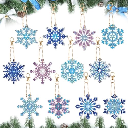 BETESSIN 12Pcs Weihnachten Diamant Painting Schlüsselanhänger Schneeflocken Diamond Painting Anhänger Doppelseitige Diamant Malerei Schlüsselbund DIY Weihnachtsdeko Geschenk Charms von BETESSIN