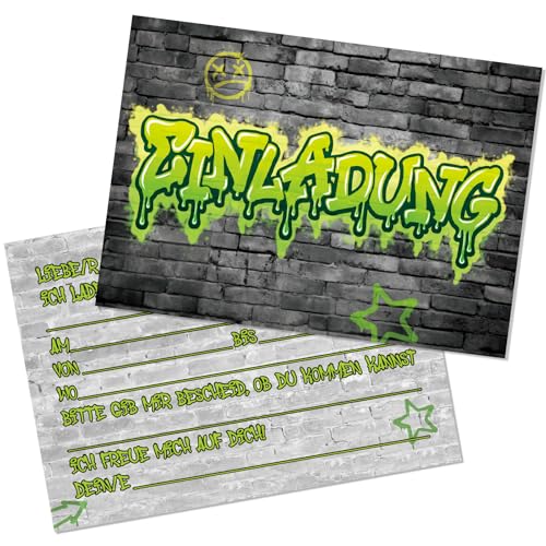 BETESSIN 12x Graffiti Einladungskarten Kindergeburtstag Junge Mädchen - coole Einladungskarten mit Graffiti-Wand Design - Geburtstagseinladungen für coole Jungs oder Mädels von BETESSIN