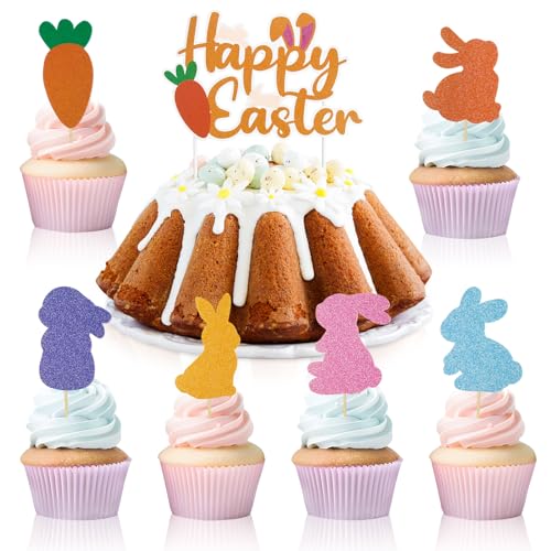 BETESSIN 13pcs Ostern Cake Topper Tortendeko Glitzer Hasen Cupcake Topper Happy Easter Kuchen Deko Osterhase Tortenaufsatz für Kinder Geburtstag Gartenparty von BETESSIN