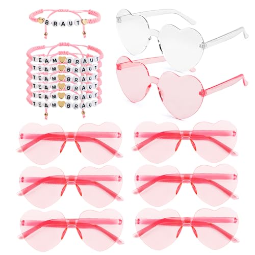 BETESSIN 14x JGA Accessoires Frauen 7 Jga Armbänder 7 Herz Brille Pink Team Braut Armbänder Braut Herz Sonnenbrille Junggesellenabschied Deko Rosa Team Bride Hochzeit Bachelorette Party von BETESSIN