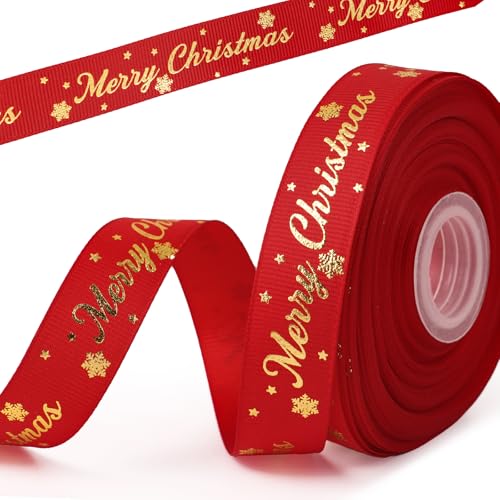 BETESSIN 18m Geschenkband Weihnachten Rot - Weihnachten Schleifenband Breit 20mm - Merry Christmas Ripsband mit Schneeflocken Motiv - Dekoband für Weihnachtsdeko, Weihnachtsbänder von BETESSIN