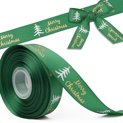 BETESSIN 18m Geschenkband Weihnachten - Weihnachten Schleifenband Breit 20mm - Merry Christmas Ripsband mit Weihnachtsbaum Motiv - Dekoband für Weihnachtsdeko, Weihnachtsbänder von BETESSIN