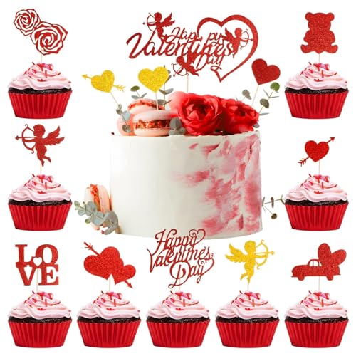 BETESSIN 19x Cake Topper Valentinstag Kuchen Deko Happy Valentine's Day Glitzer Herzen Cupcake Topper Rot Gold Kuchenaufsatz für Valentinstag Hochzeit Jubiläum Party von BETESSIN