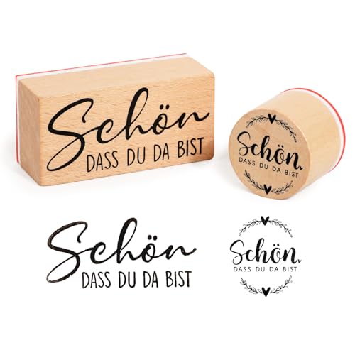 BETESSIN 2 Stück Stempel Holz Schön dass du da bist Holzstempel Rund Rechteck Motivstempel Set zum Kartenbasteln Sprüche Stempels Textilstempel für Einladung Grußkarte Geschenkverpackung Scrapbook von BETESSIN