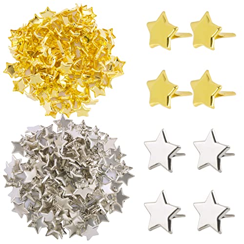 BETESSIN 200pcs Mini Brads Stern Gold Silber Musterklammern Metall Verschlussklammern Klein Klammern Musterbeutelklammern Briefklammern für DIY Scrapbooking Basteln Papier Befestigung von BETESSIN