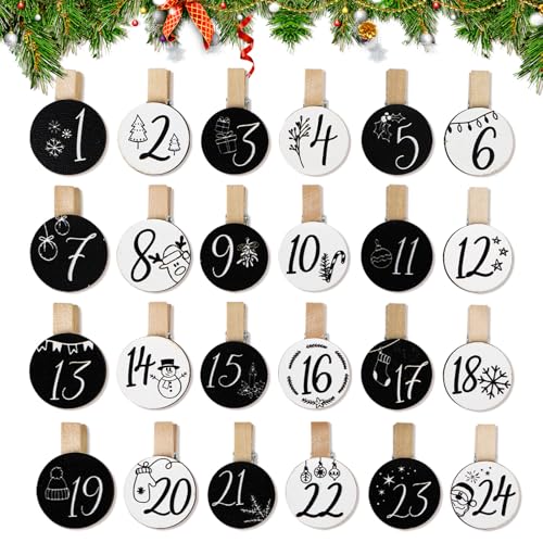 BETESSIN 24 Adventskalender Zahlen Holz - Runde Holzklarmmern mit Zahlen 1-24 - Klammern für Adventskalender zum selber Basteln - Holzzahlen für Weihnachtskalender, Weihnachtsdeko UVM. von BETESSIN