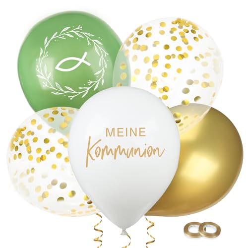 BETESSIN 24 Stück Kommunion Luftballons Grün Gold Weiß - 12 Zoll Meine Kommunion Ballons aus Latex - Erstkommunion Deko für Junge und Mädchen von BETESSIN