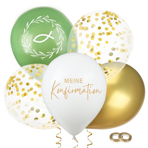 BETESSIN 24 Stück Konfirmation Luftballons Grün, Gold & Weiß - 12 Zoll Latex Ballons mit Kranz, Fisch & Konfetti Design - Meine Konfirmation Deko für Mädchen und Jungen von BETESSIN