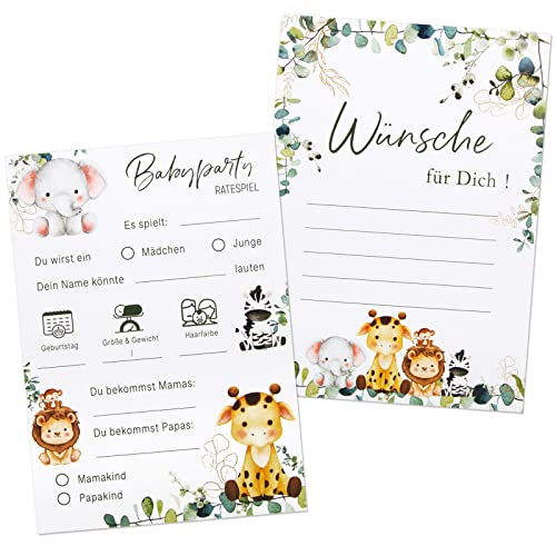 25 Stück Babyparty Ratespiel Karten mit Niedlichen Dshungel Tiere Mustern Babyparty Deko für Babydusche Baby Shower Geschenk Werdende Mutter Gender Reveal Party Spiele usw. von BETESSIN