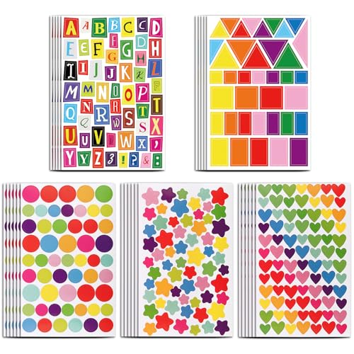 BETESSIN 28Blatt Kinder Aufkleber Buchstaben 1750+ Bunte Sticker Herzaufkleber Sternaufkleber Zahlen Sticker Alphabetaufkleber Belohnungssticker Stern für Kinder Lehrer Scrapbooking Geschenkverpackung von BETESSIN