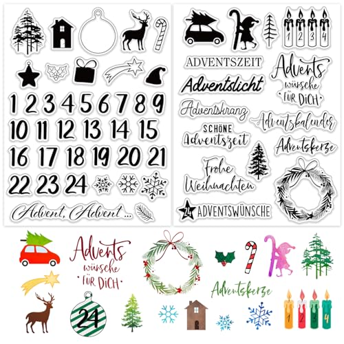 BETESSIN 2Blatt Klare Stempel Adventskalender Silikon Stempel Stempelmotive Weihnachten Advent Clear Stamps Deutsch Sprüche Weihnachtsstempel für Kartenherstellung DIY Geschenk Scrapbooking von BETESSIN