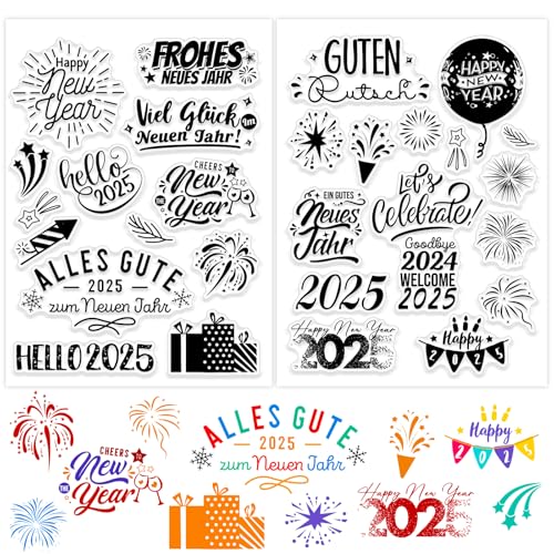 BETESSIN 2Blatt Klare Stempel Silikon Stempel Neujahr Silvester Stempel Set 2025 Stempelmotive New Year Clear Stamps Deutsch Sprüche Weihnachten für Kartenherstellung DIY Geschenk Scrapbooking von BETESSIN