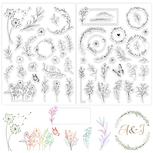 BETESSIN 2Blatt Silikon Stempel Blumen Blätter Klare Stempel Pflanzen Blumenkranz Clear Stamps zum Kartenbasteln Schmetterlinge Stempelmotive DIY Scrapbooking Fotoalbum Geschenkanhänger von BETESSIN