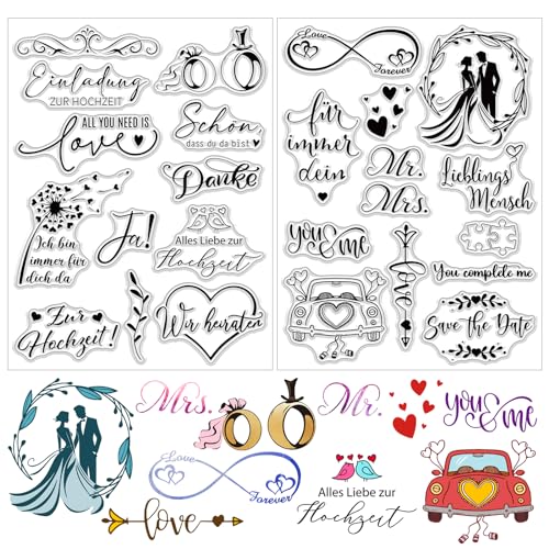 BETESSIN 2Blatt Silikon Stempel Hochzeit Klare Stempel Sprüche Deutsch Clear Stamps Liebesgrüße Stempelmotive zum Kartenbasteln DIY Einladung Scrapbooking Fotoalbum Geschenkanhänger von BETESSIN