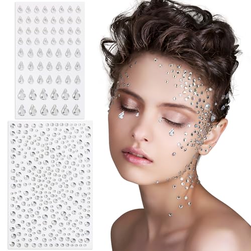 BETESSIN 390Stk. Strassstein Selbstklebend Silber Glitzersteine Gesicht Tattoo Steine Rund Tropfenform 3/4/5/6mm Edelsteine Aufkleber Schmucksteine für Musikfestivals Scrapbooking Makeup Karneval von BETESSIN