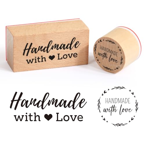 BETESSIN 2Pcs Stempel Holz Handmade with Love Holzstempel Rund Rechteck Handmade Motivstempel Holz Stempelset für Kartenherstellung Geschenkanhänger Scrapbooking von BETESSIN