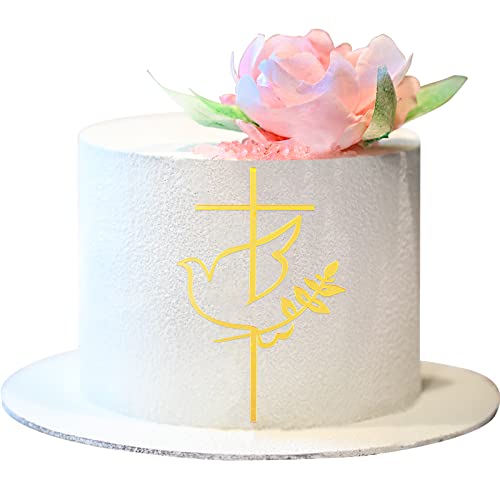 BETESSIN 2Stk. Kuchendeko Kreuz Cake Topper Taube mit Blatt Gold Acryl Torte Deko 15x10cm Spiegel Kuchen Dekoration Set für Hochzeit Geburtstag Party Kommunion von BETESSIN