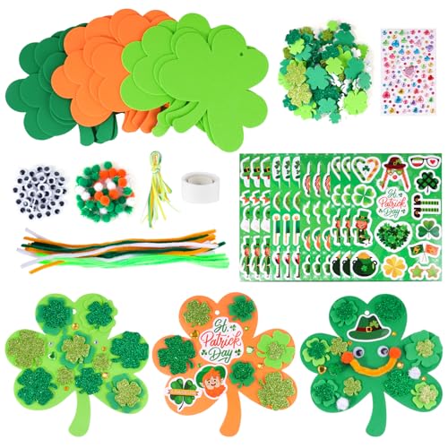 BETESSIN 398 St. Patrick's Day Dekoration Kleeblatt 12 St. Patricks Tag Basteln Aufkleber Schaumstoff Kleeblatt Sticker Pfeifenreiniger Grün DIY Bastelsets Handwerk Geschenke von BETESSIN