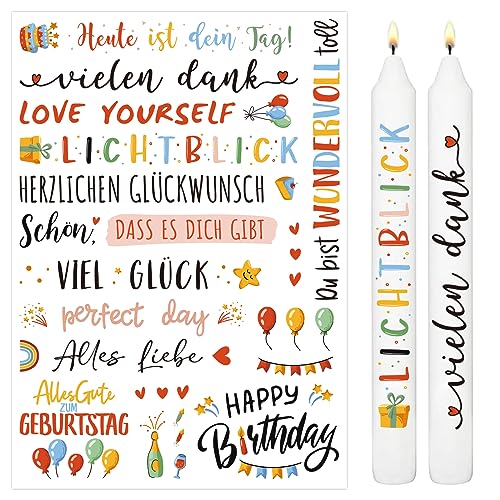 BETESSIN 3x Kerzen Tattoofolie Bunt Kerzenfolie Geburtstag für bis zu 50 Kerzen Kerzensprüche Happy Birthday Wasserschiebefolie Kerzentattoo Sprüche Kerzensticker DIY Kerzen Tassen Geschenk von BETESSIN