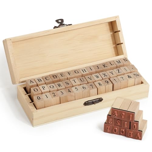 BETESSIN 42x Buchstaben Stempel Holz Stempelset Alphabet Zahlen Symbole Holzstempel Großbuchstaben mit Aufbewahrungsbox für Scrapbooking Grußkarten Handwerk Kartenherstellung von BETESSIN