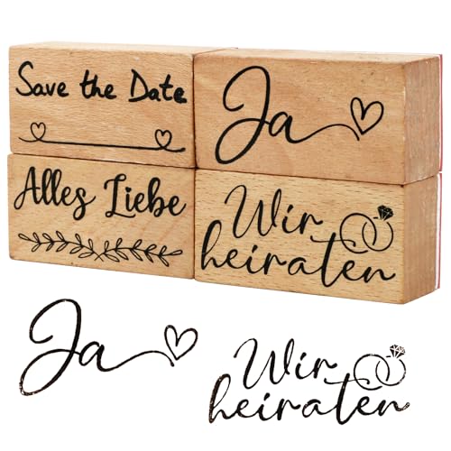 BETESSIN 4Pcs Stempel Holz Hochzeit Holzstempel Rechteckig Ja Wir heiraten Alles Liebe Motivstempel Set zum Kartenbasteln Glückwünsche Stempels für Einladung Scrapbooking Geschenkverpackung von BETESSIN