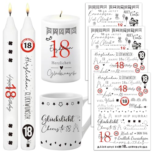 BETESSIN 4pcs Kerzen Tattoo Geburtstag 18 Kerzen Aufkleber Kerzentattoos Happy 18th Birthday Kerzensticker Endlich Erwachsen Kerzen Verzieren Wasserschiebefolie Kerzen Sticker Geschenk für Kerze von BETESSIN