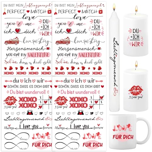 BETESSIN 4pcs Kerzen Tattoo Valentinstag Kerzentattoos Kerzenaufkleber Herzen Ich Liebe Dich Kerzensticker Herzensmensch Wasserschiebefolie Kerzen DIY Freundin Geschenk Stabkerzen Tasse Deko Rot von BETESSIN