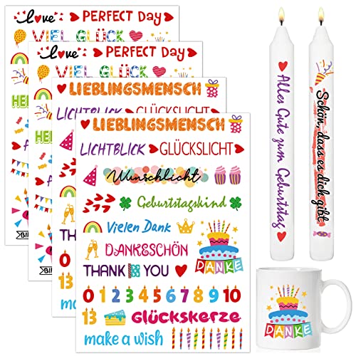 BETESSIN 4x Kerzen Tattoos Aufkleber Geburtstag Bunt Kerzen Tattoofolie Rub on Sticker für bis zu 60 Kerzen Kerzensprüche Happy Birthday Wasserschiebefolie Kerzensticker DIY Tasse Kerze Geschenk D von BETESSIN