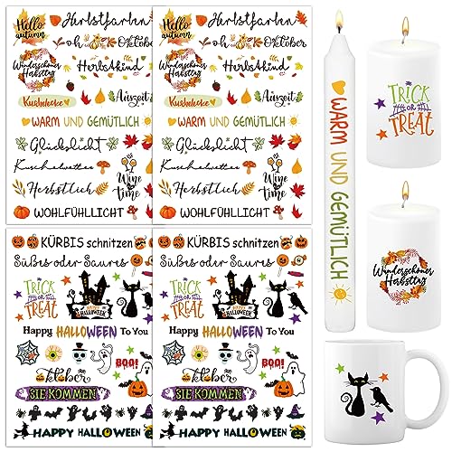 BETESSIN 4x Kerzen Tattoos Folie Herbst Halloween Kerzentattoo Kerzenfolie Sprüche Sticker Kerzensprüche Kerzensticker für Kerzen Tasse DIY Geschenk von BETESSIN