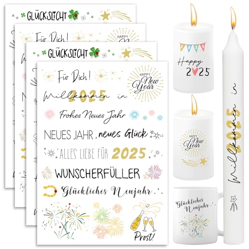 BETESSIN 4x Kerzen Tattoos Folie Kerzentattoo Frohe Neues Jahr 2025 Rub On Sticker Kerzenfolie Neujahr Sprüche Sticker Bunte Kerzensprüche Merry Christmas Kerzensticker für Stabkerzen Kerzen Tasse von BETESSIN