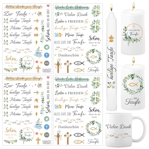 BETESSIN 4x Kerzen Tattoos Folie Taufe Kerzentattoo Kerzenfolie Kerzen Aufkleber Taufkerze Kommunion Sprüche Sticker mit Blättern Kerzensticker für Stabkerze Kerzen Tasse DIY Geschenk von BETESSIN